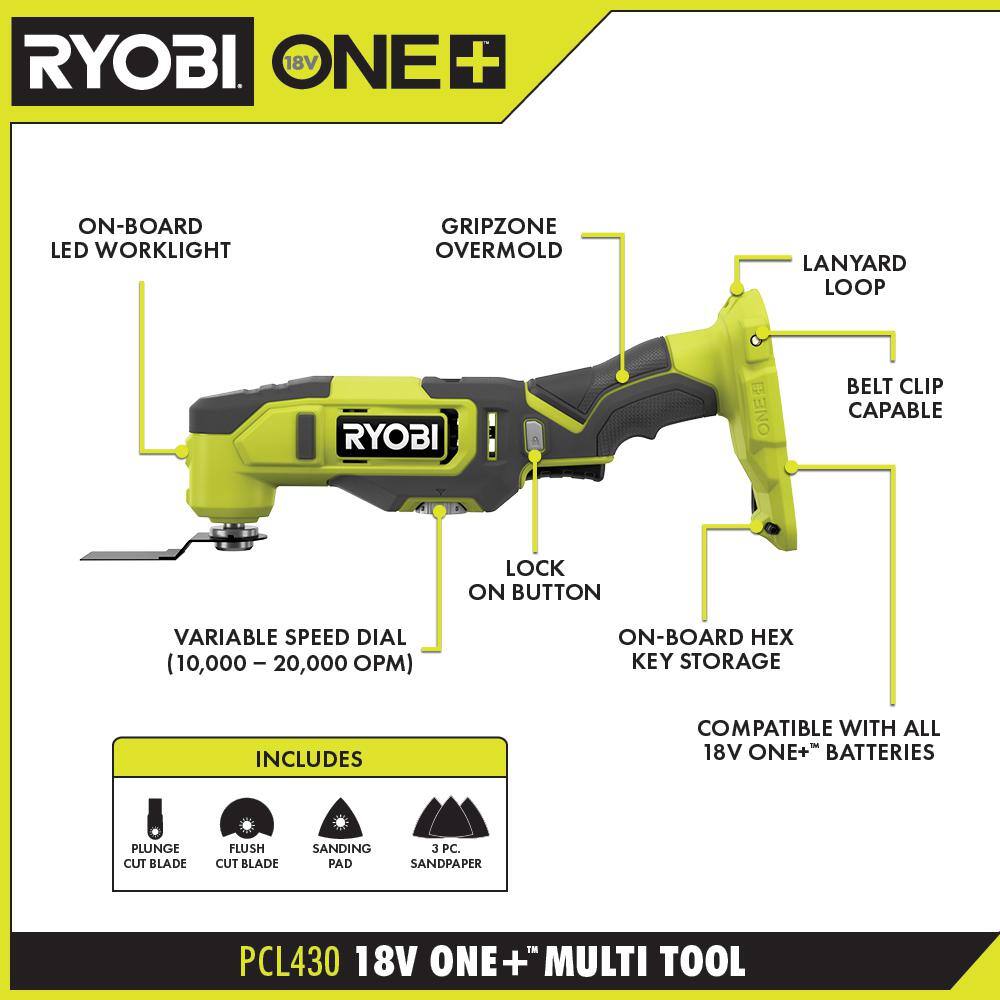 RYOBI ONE+ 18V Cordless Multi-Tool with FREE 2.0 Ah Battery PCL430B-PBP006