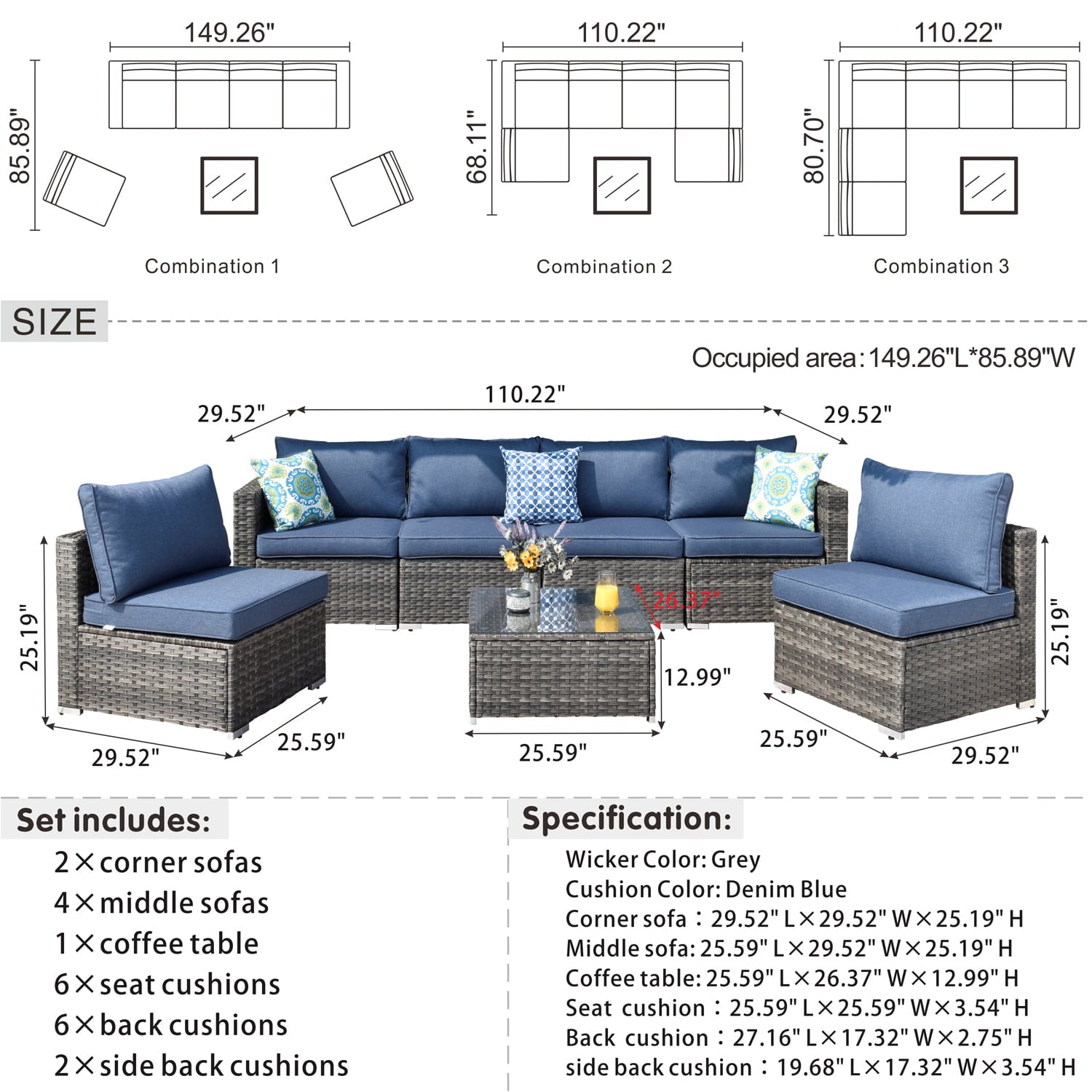 Ovios 7 Piece Outdoor Furniture All Weather Wicker Patio Conversation Sectional Sofa Set with coffee table for Garden Backyard