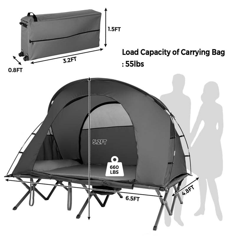 2-Person 4-in-1 Camping Cot Tent Off-Ground Elevated Folding Tent with Cover, Mattress & Roller Carrying Bag