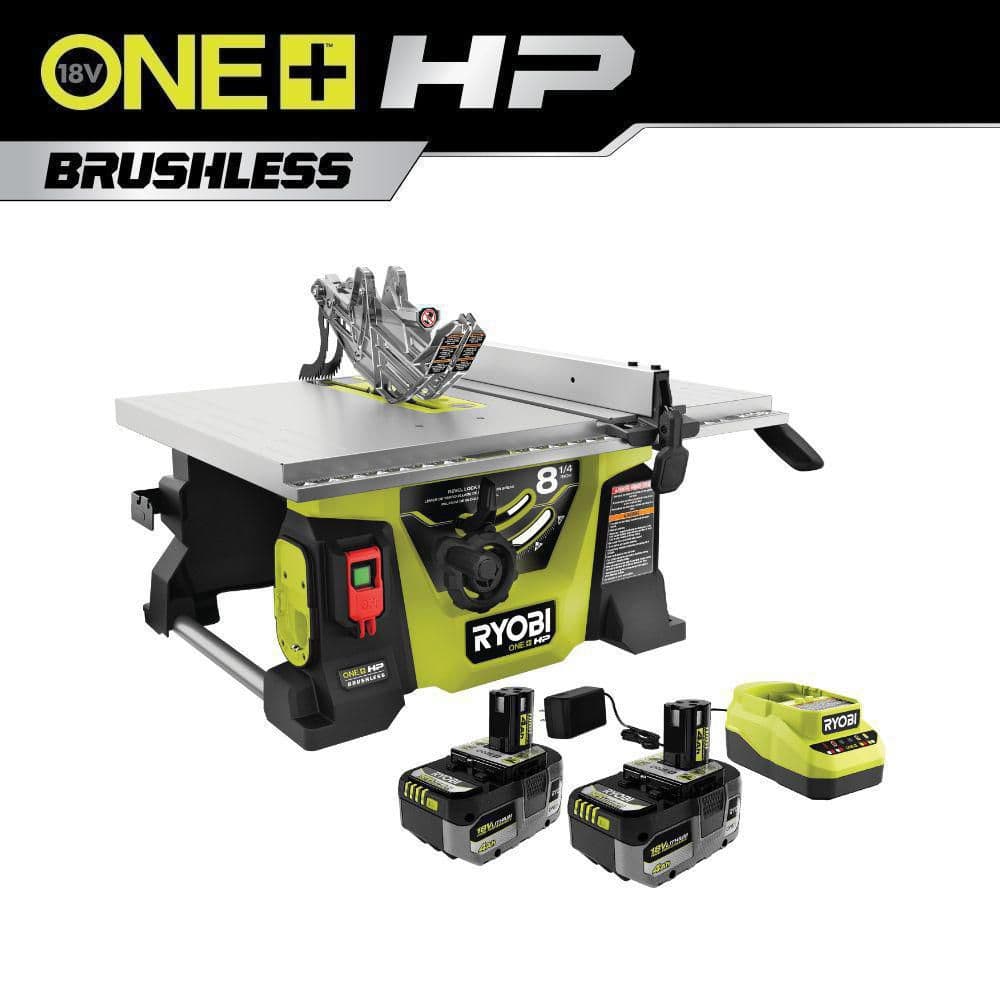 RYOBI ONE+ HP 18V Brushless Cordless 8-1/4 in. Compact Portable Jobsite Table Saw Kit with (2) 4.0 Ah Batteries and Charger PBLTS01K