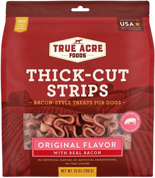 True Acre Foods Thick Cut Strips with Real Bacon Dog Treats， 25-oz bag