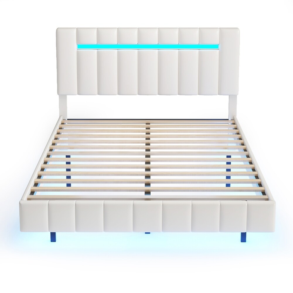 Queen Size PU Leather Upholstered Floating Platform Bed with LED Lights Bed Frame and USB Charging