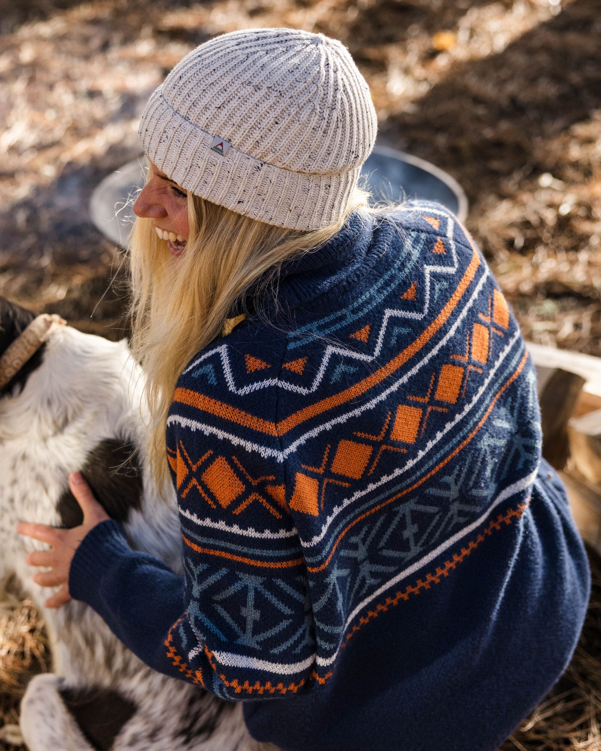 Whimsical Recycled Oversized Polo Neck Knitted Jumper - Homespun Stripe Navy