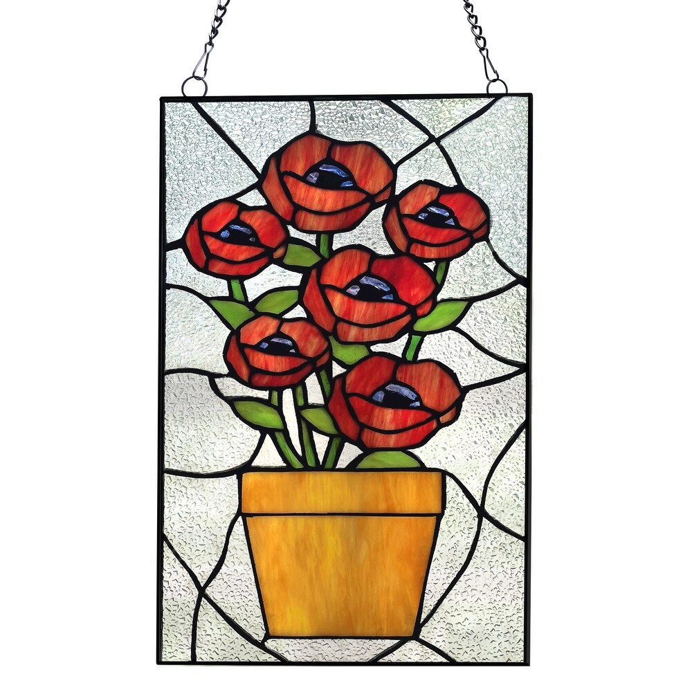 River of Goods Juliet River of Goods 16 Inch Red Flowers in Pot Stained Glass Window Panel   10\