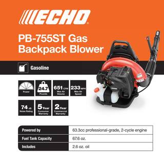 ECHO 233 MPH 651 CFM 63.3cc Gas 2-Stroke Backpack Leaf Blower with Tube Throttle