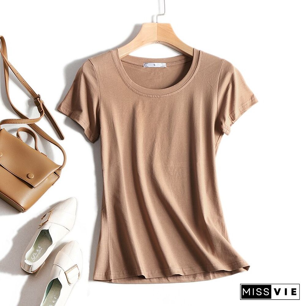 High Quality Plain T Shirt Women Cotton Elastic Basic T-Shirts Summer Tops Short Sleeve T-Shirt Women Tees Plus Size S-5Xl