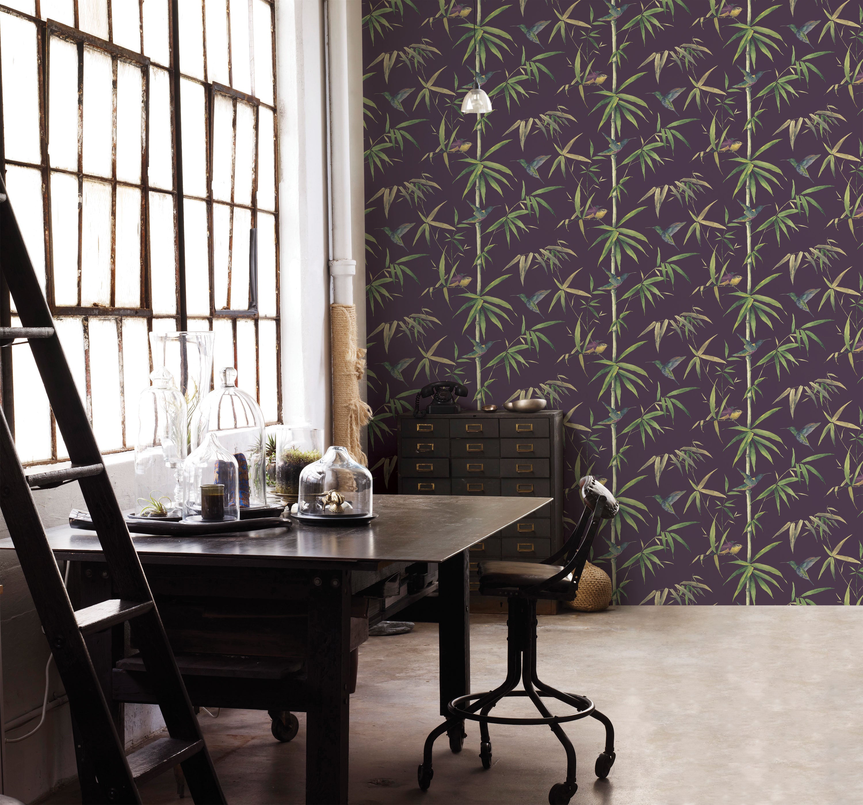 Hummingbirds Aubergine Wallpaper from the Global Fusion Collection