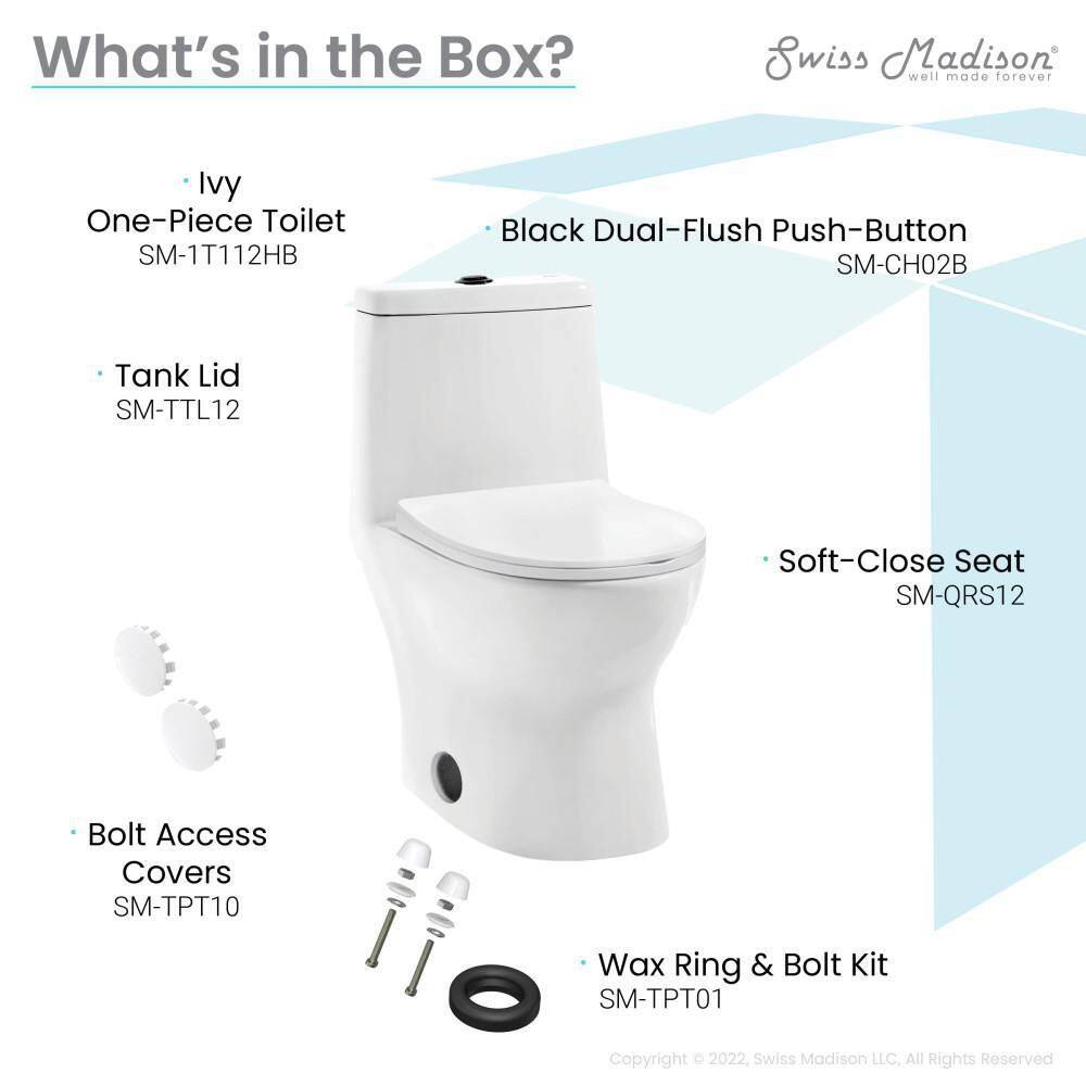 Swiss Madison Ivy 1-piece 1.11.6 GPF Dual Flush Elongated Toilet in Glossy White with Black Hardware Seat Included SM-1T112HB