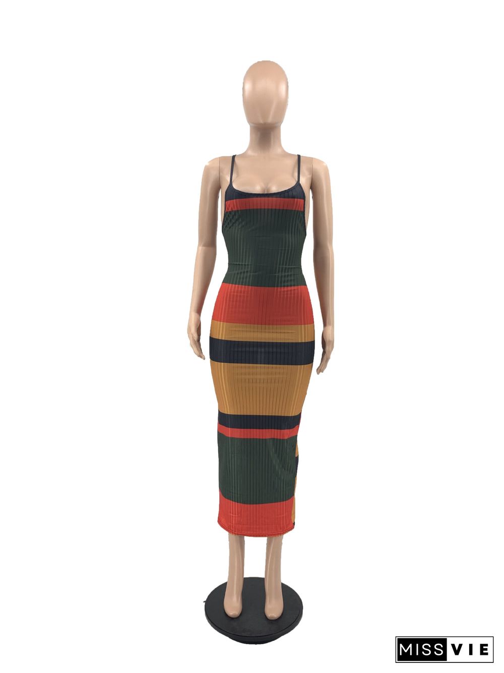 Colorful Striped Knitted Backless Skinny Cami Dress