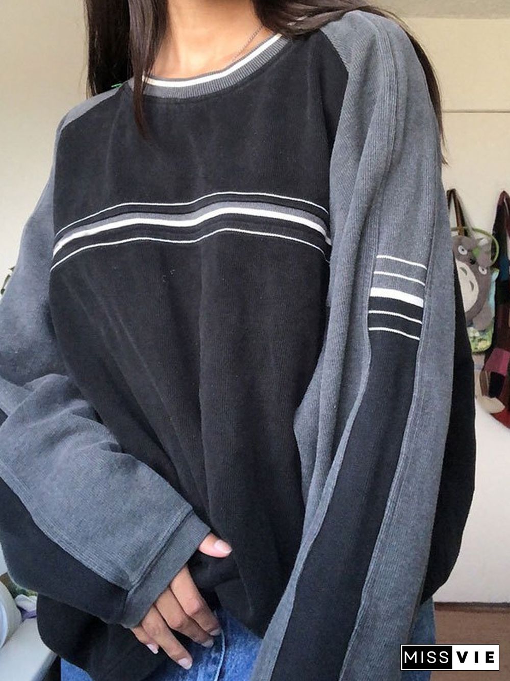 Patchwork Striped Crew Sweatshirt