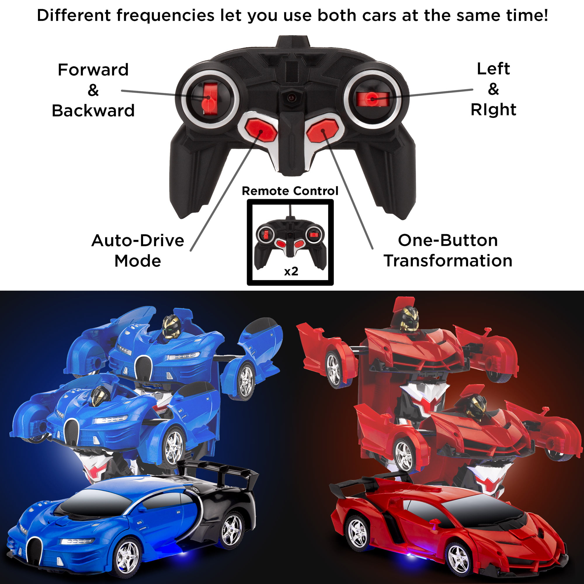 Best Choice Products Set of 2 1/18 Scale RC Remote Control Transforming Robot Sports Car Toys w/ 1 Button Transformation