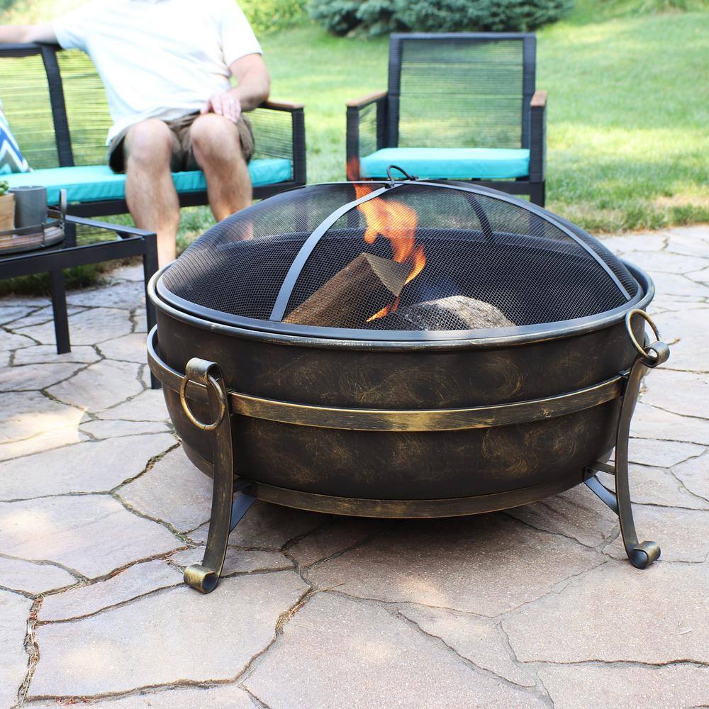 Sunnydaze Decor 34 in. x 23 in. Round Large Steel Cauldron Wood Fire Pit in Black with Spark Screen NB-CF34