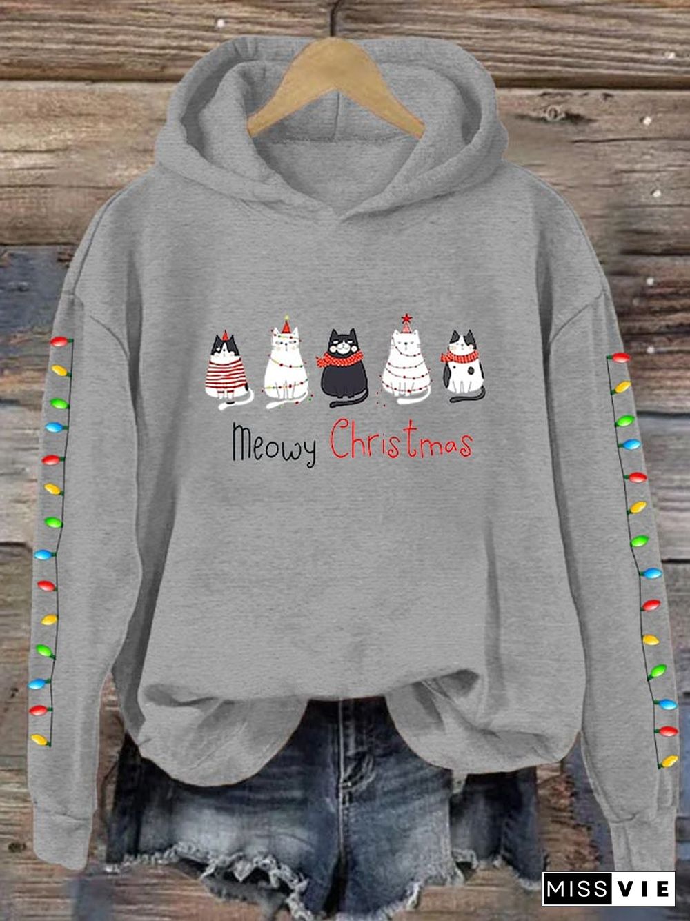 Women's Meowy Christmas Merry Christmas Cat Lover Lantern Printing Casual Hoodie