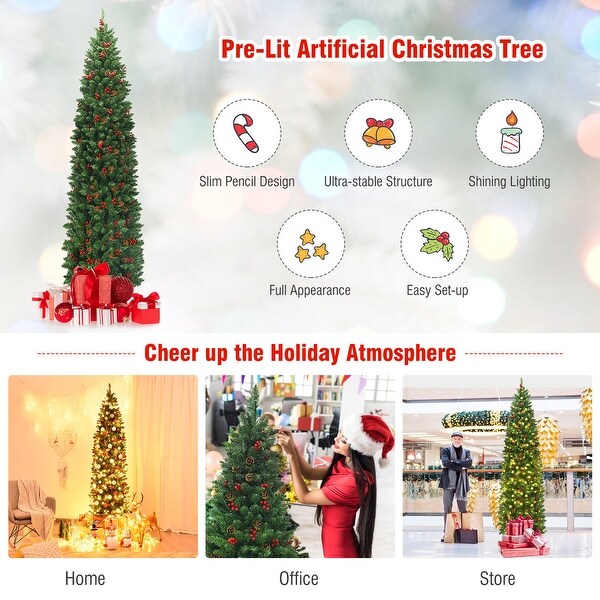 Gymax 7.5Ft PreLit Pencil Christmas Tree Hinged Artificial Slim Tree