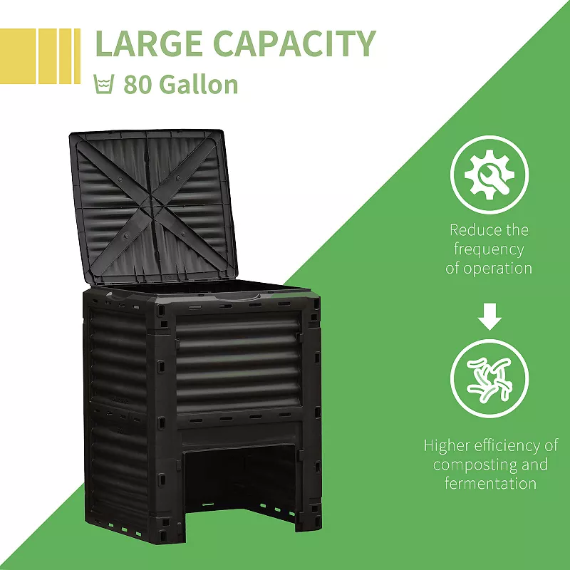 Outsunny Garden Compost Bin 80 Gallon Outdoor Large Capacity Composter Fast Create Fertile Soil Aerating Box Easy Assembly Black