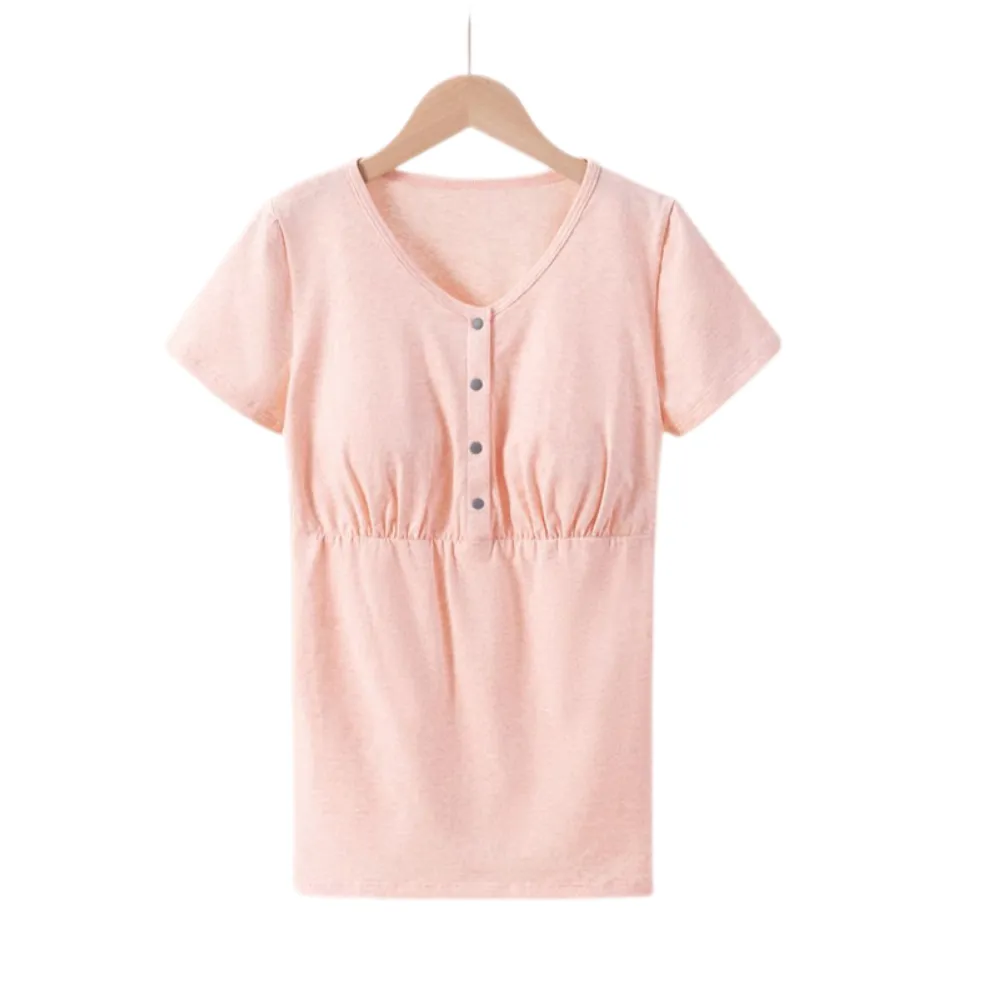 Postpartum Nursing Cotton T-Shirt – Loose Fit, Front-Button Maternity Top for Summer