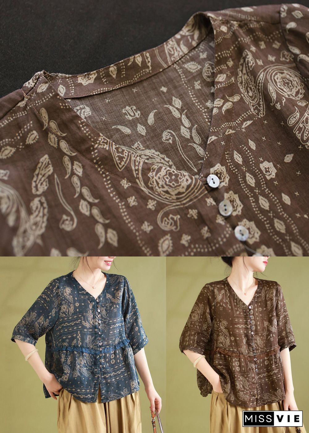 Chic Coffee Print Ruffled Patchwork Linen Shirts Summer