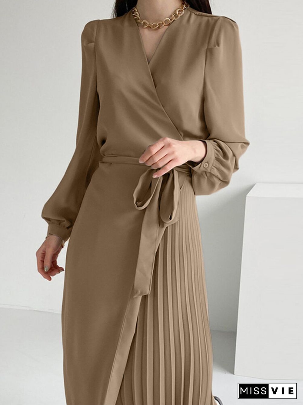 Solid Pleating Tie Up Puff Sleeve V Neck Midi Dresses