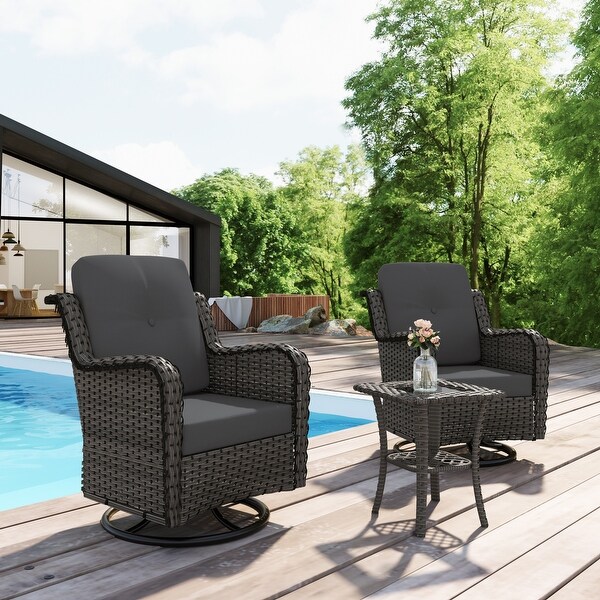 Outdoor 3 Pieces Rattan Wicker Bistro Set Swivel Rocker With Cushion and Table