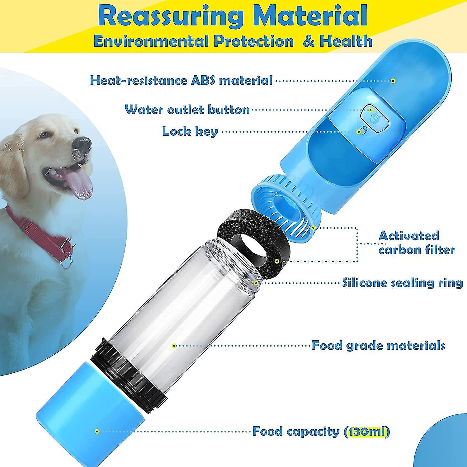 Dog Water Bottle， 300ml Portable Pet Water Bottle For Dogs Walking， With Multifunctional Food Bowl 130ml， Leak Proof Drinking Dispenser， Lightweight F