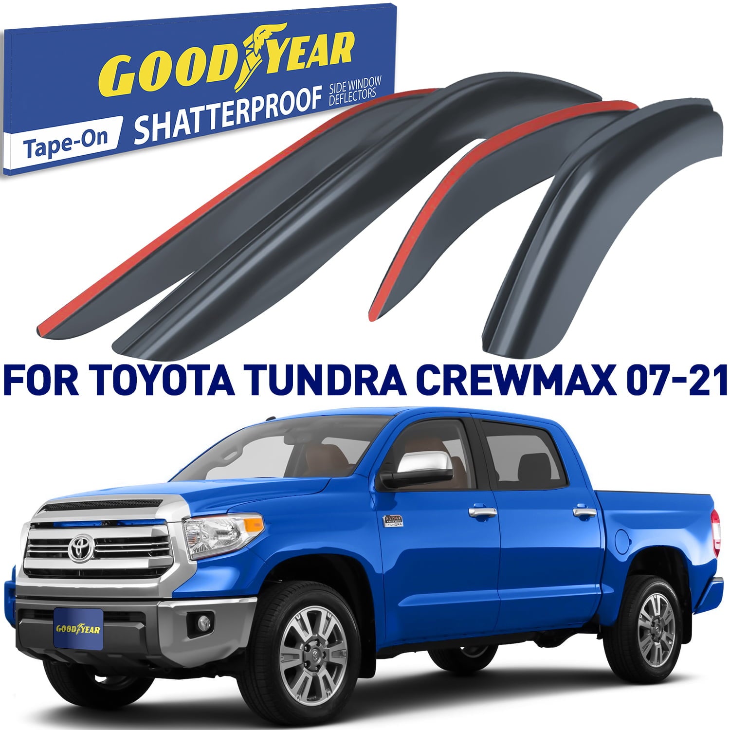 Goodyear Shatterproof Window Deflectors for Toyota Tundra 2007-2021 CrewMax， Tape-on Rain Guards， Window Visors， Vent Deflector Visor， Car Accessories， 4 pcs. - GY003207