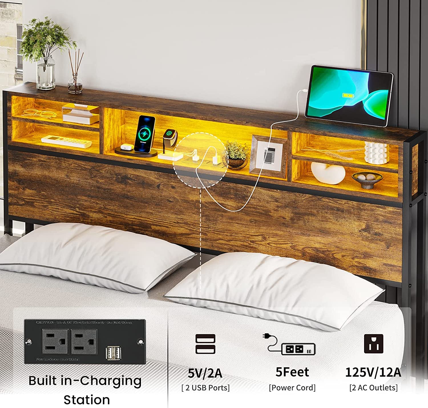 LED Bed Frame with Charging Station and Storage Headboard,Full Size Metal Platform Bed with LED Lights, Rustic Brown