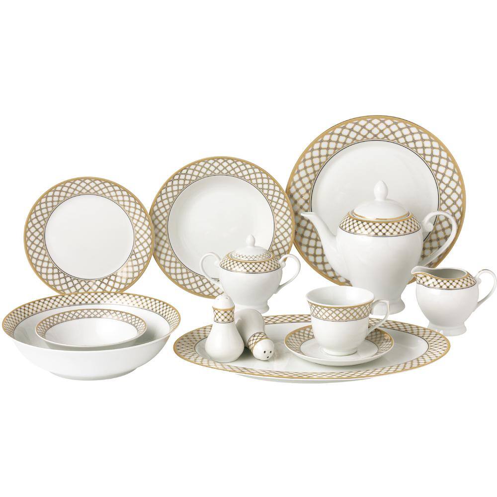 Lorren Home Trends 57-Piece Specialty Gold Porcelain Dinnerware Set (Service for 8) Anabelle-57