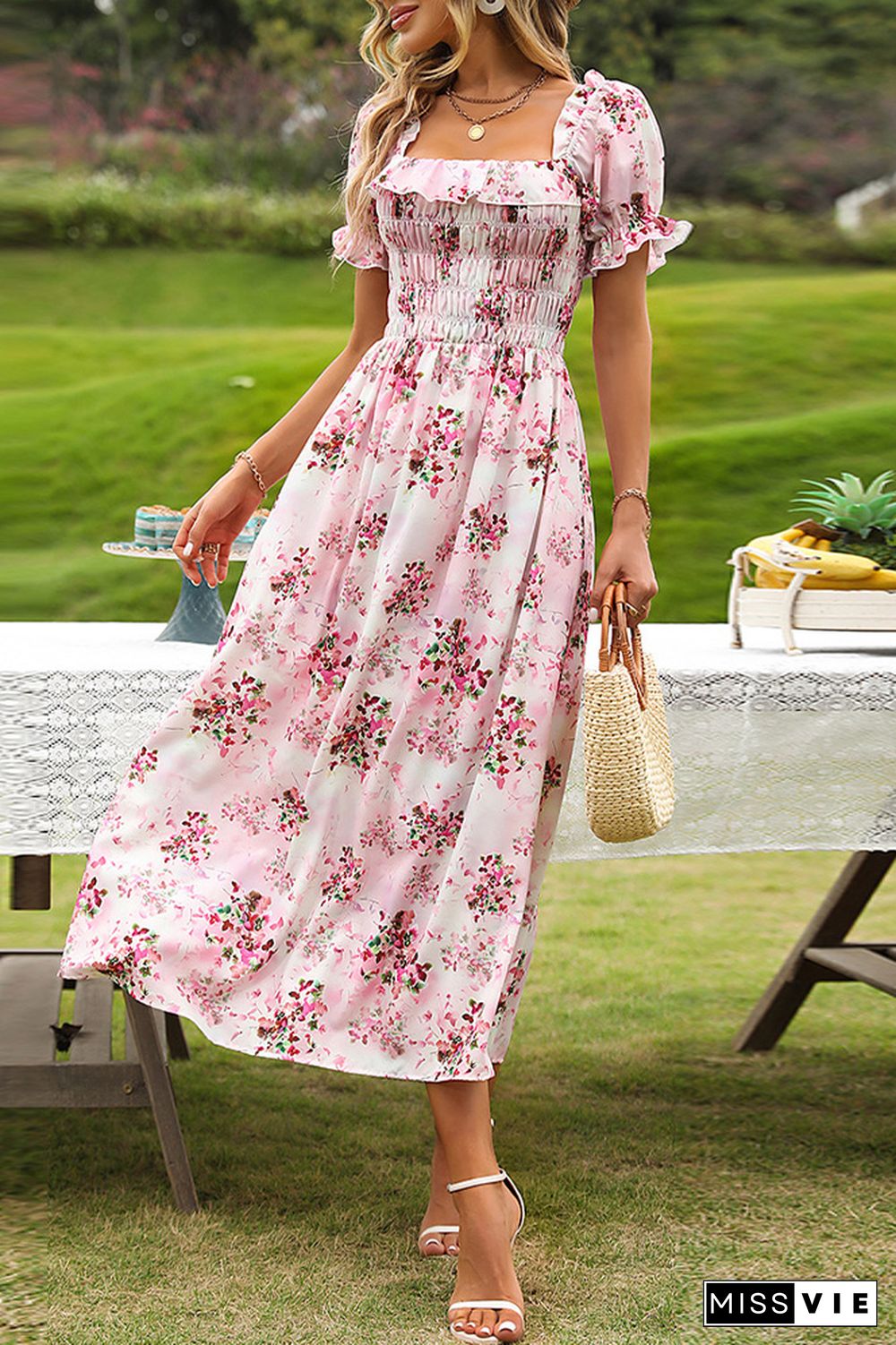 Pink Floral Square Neck Smocked Ruffles Maxi Dress