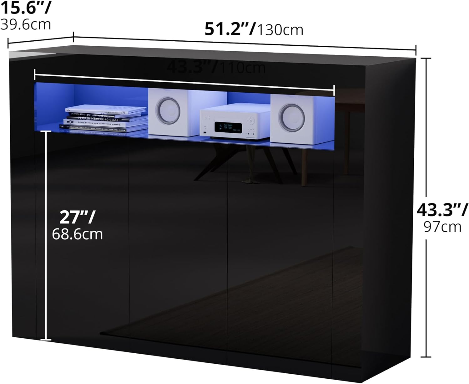 High Glossy Buffet Cabinet Sideboard Storage Cabinet Bar Cabinet with LED Lights Adjustable Shelf and 3 Doors