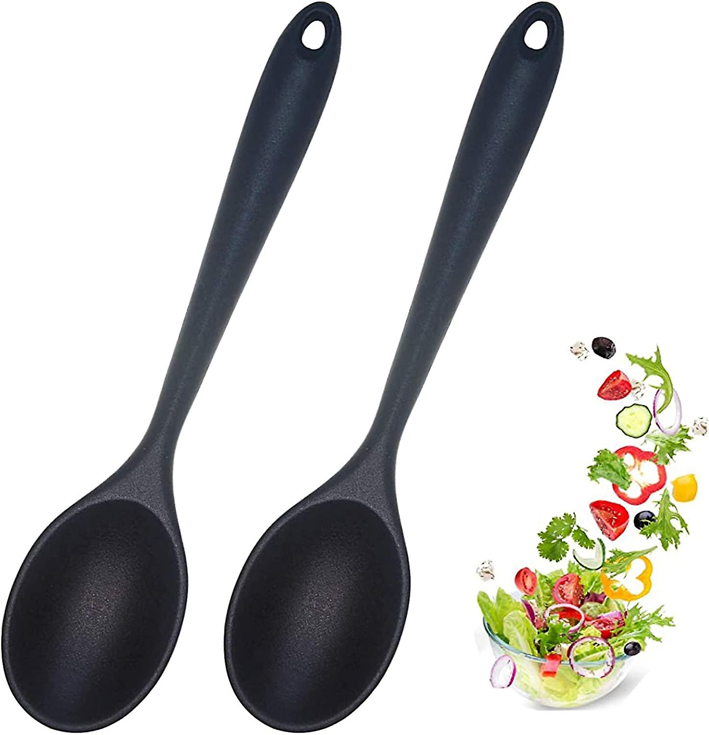 2 Pcs Silicone Nonstick Mixing Spoon， Silicone Spoons For Cooking Heat Resistant， Cooking Utensil For Kitchen Cooking Baking Stirring Serving (black)