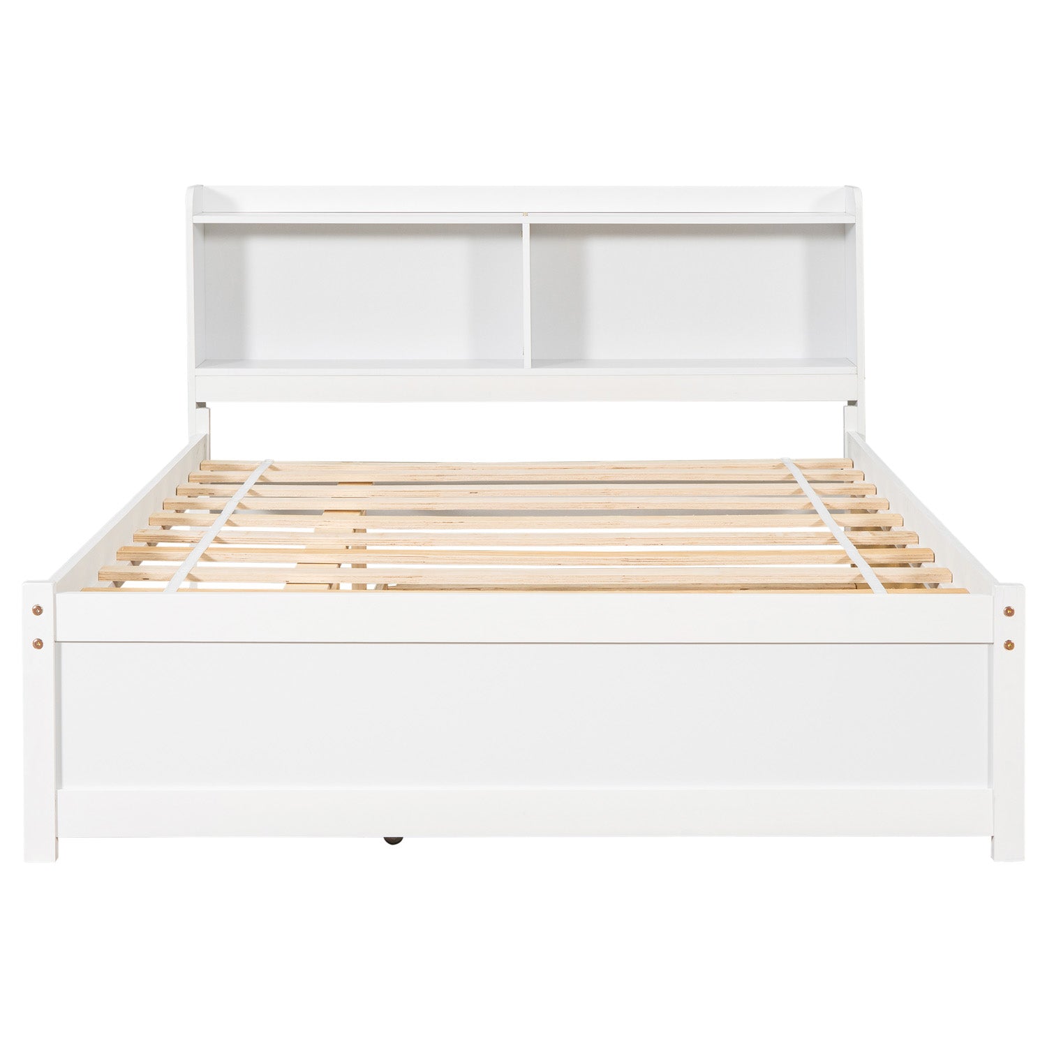 SYNGAR Full Bed Frame with Storage and Trundle for Teens Adults, White Trundle Full Bed Frame with Bookcase Headboard, Solid wood, Easy to Assemble, No Box Spring Needed