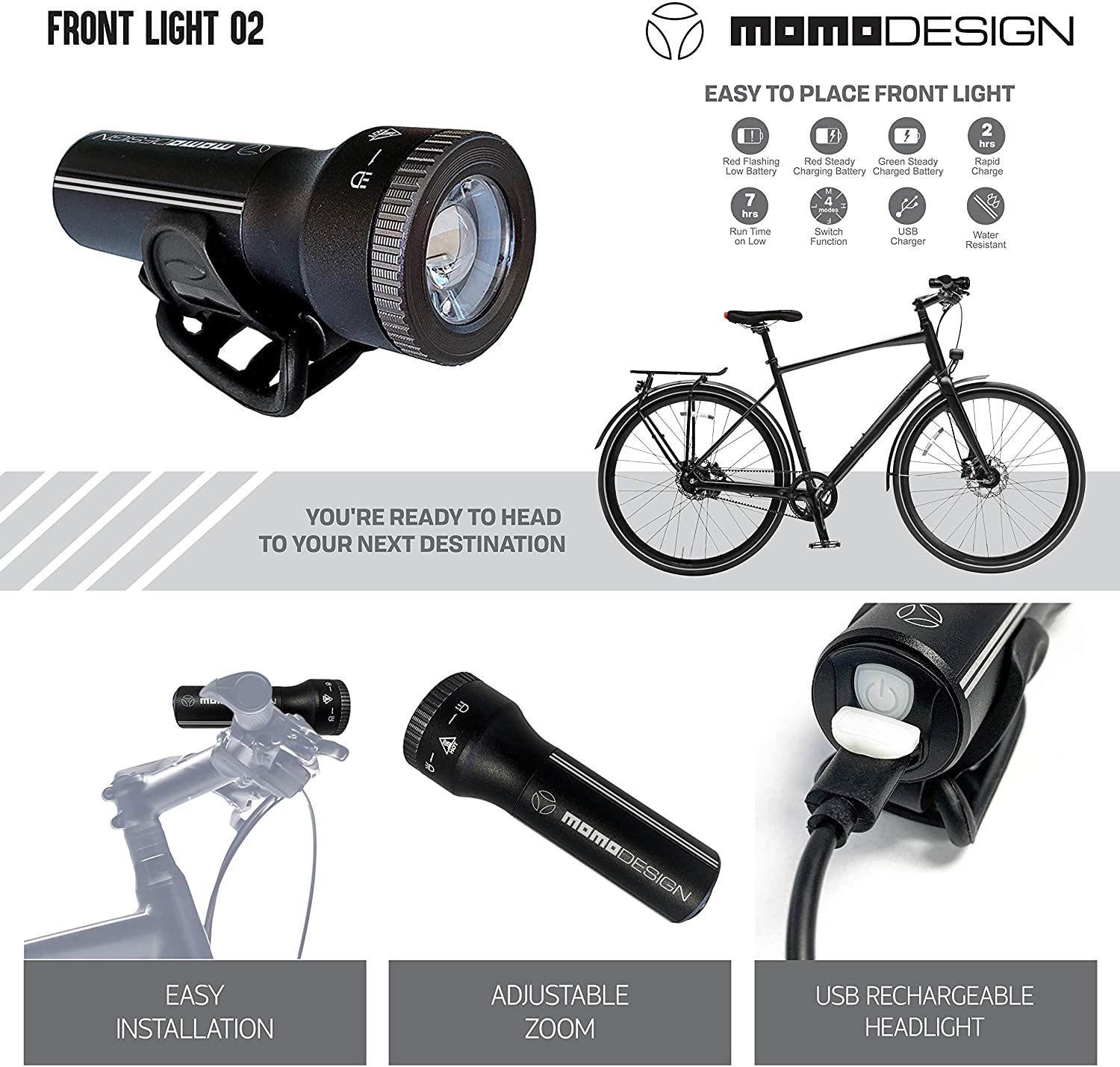 MOMODESIGN Bike Light • Zoom LED USB Rechargeable Headlight • Bright Nightvision for Safety • Water Resistant • Universal Fit • 300 Lumens • Charging time: 2-3 Hours • Runtime 7 Hours Low Mode