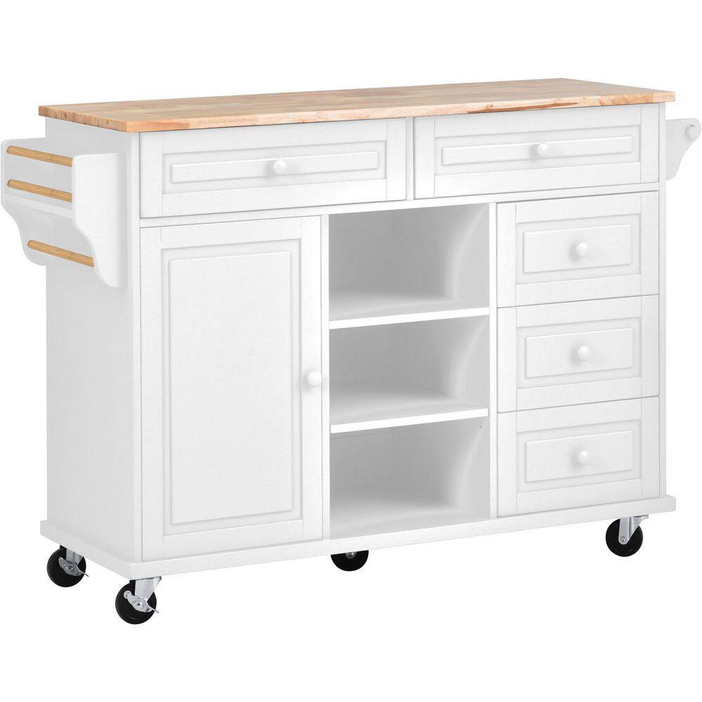 52.8 in. W White Modern Rolling Mobile Kitchen Cart Kitchen Island with Storage and 5 Drawers wyislandk01