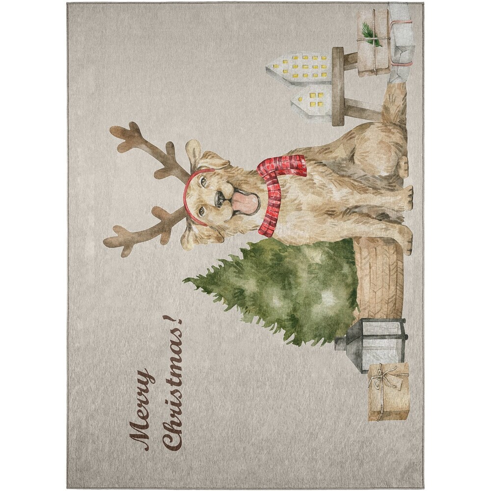 Indoor/ Outdoor Cozy Winter Taupe Washable Christmas Dog Rug