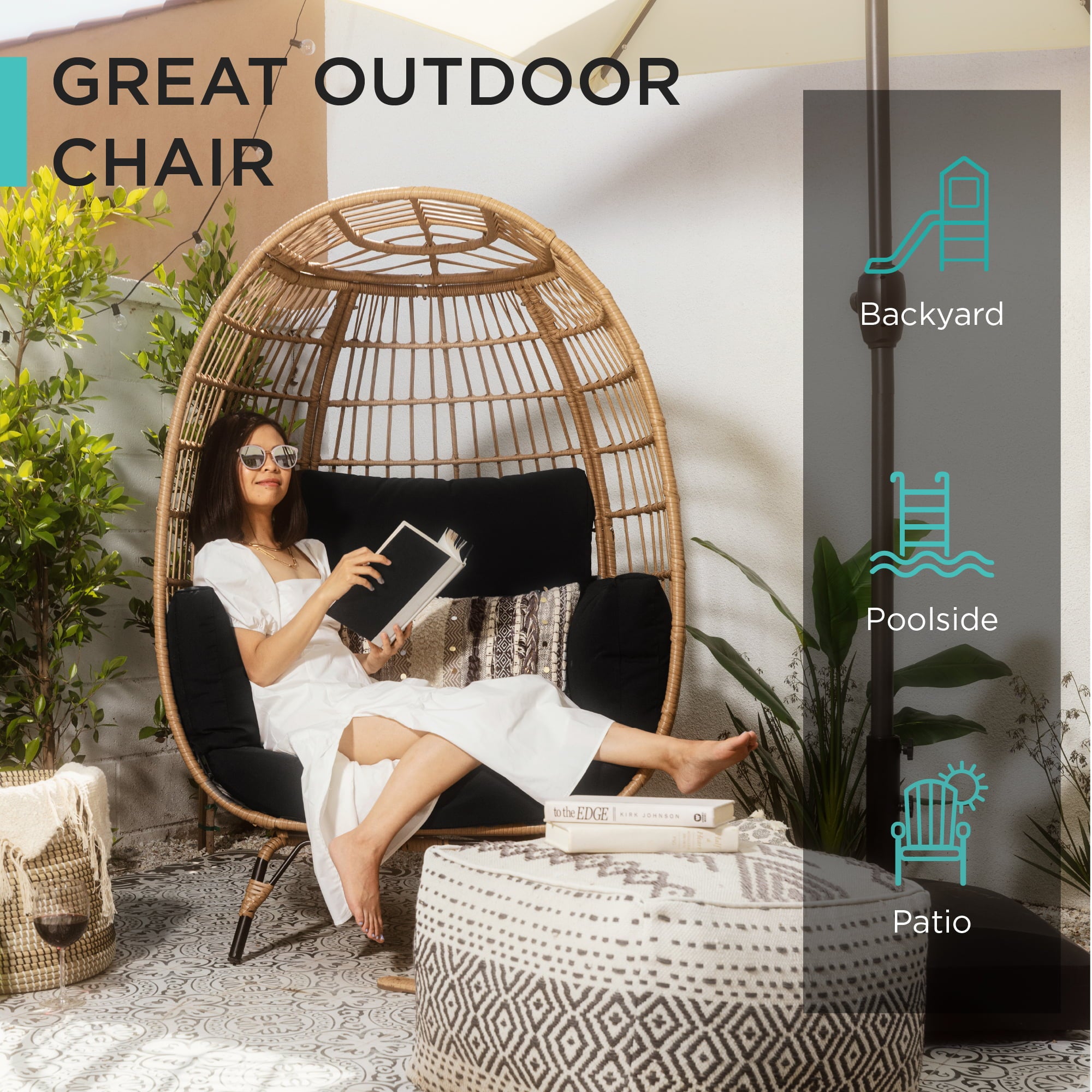 Best Choice Products Wicker Egg Chair Oversized Indoor Outdoor Patio Lounger w/ Steel Frame, 440lb Capacity - Black