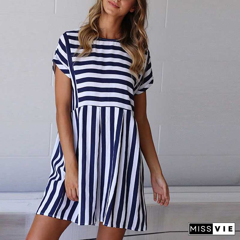 Slimming High Waisted Striped Short Sleeve Swing Dress