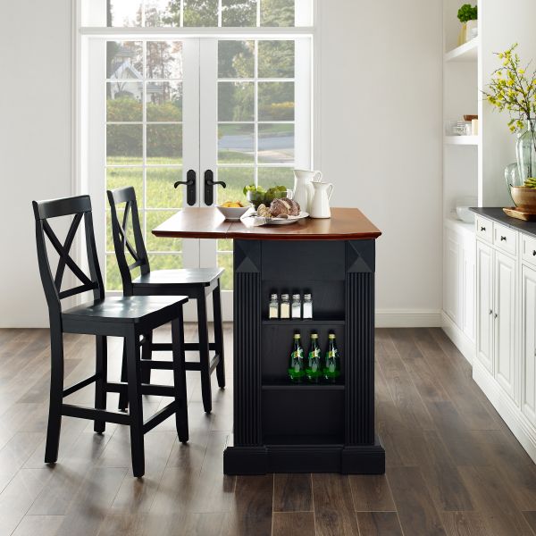 Coventry Drop Leaf Top Kitchen Island W/X-Back Stools