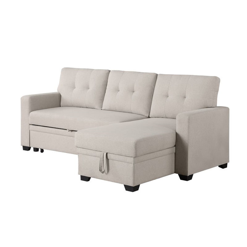 Pemberly Row Polyester Fabric Reversible Sleeper Sectional Sofa in Beige