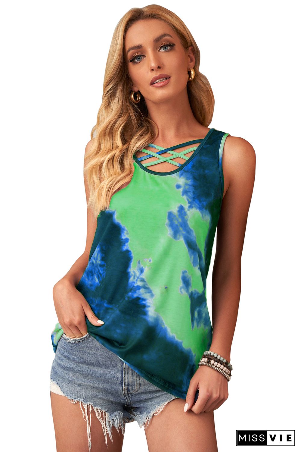 Green Tie-Dye Cross Front Tank Top