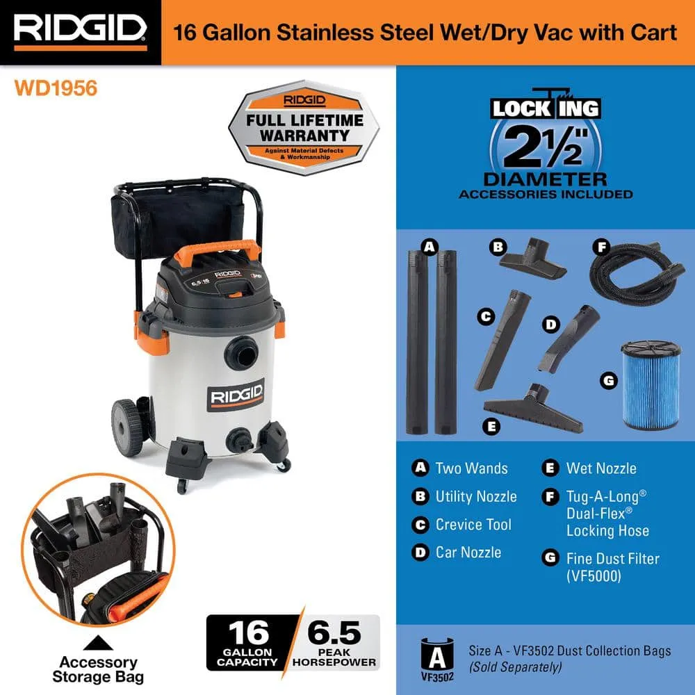 RIDGID 16 Gallon 6.5 Peak HP Stainless Steel Wet/Dry Shop Vacuum with Fine Dust Filter, Locking Hose and Accessories WD1956