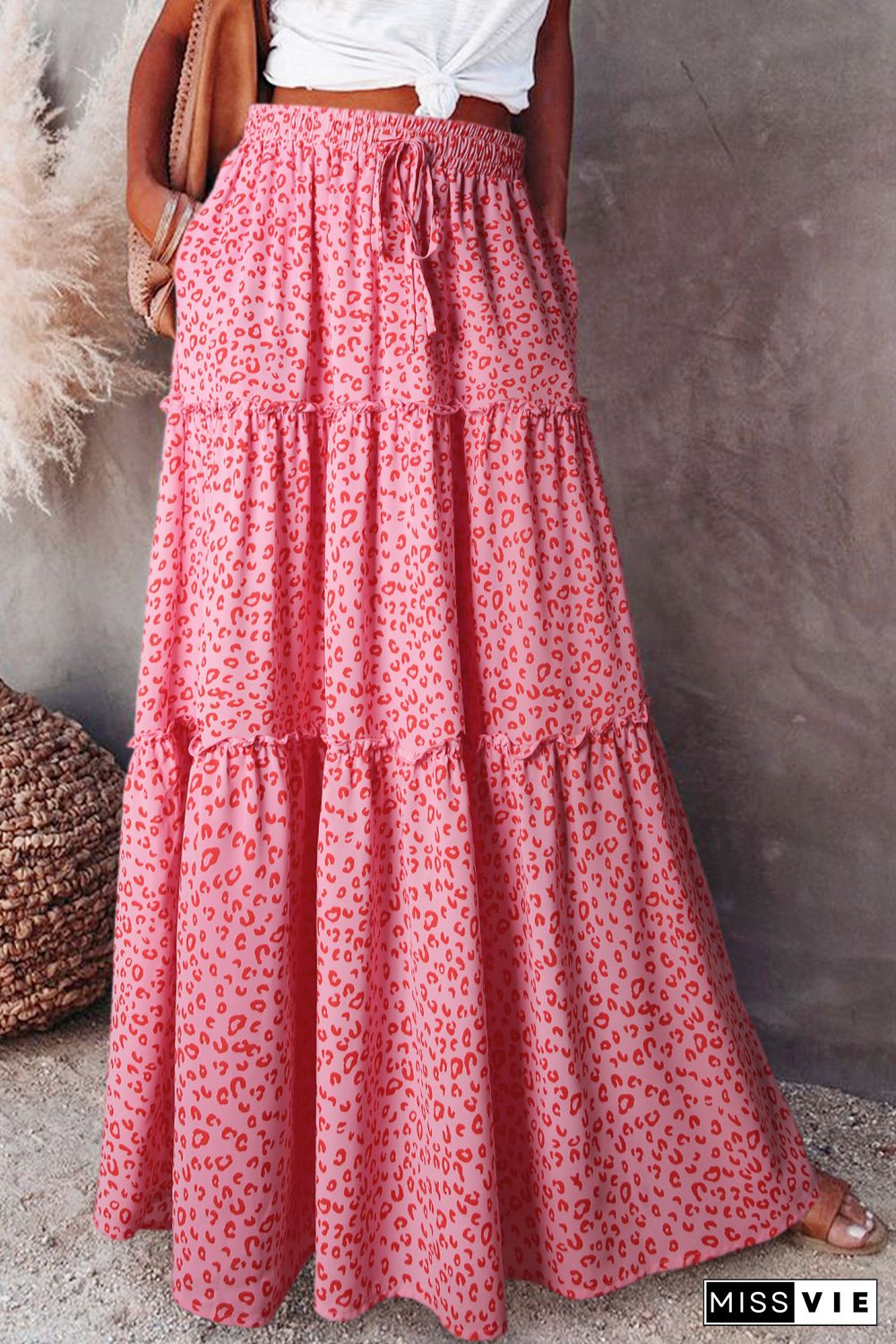 Pink Leopard Print Frilled Drawstring High Waist Maxi Skirt