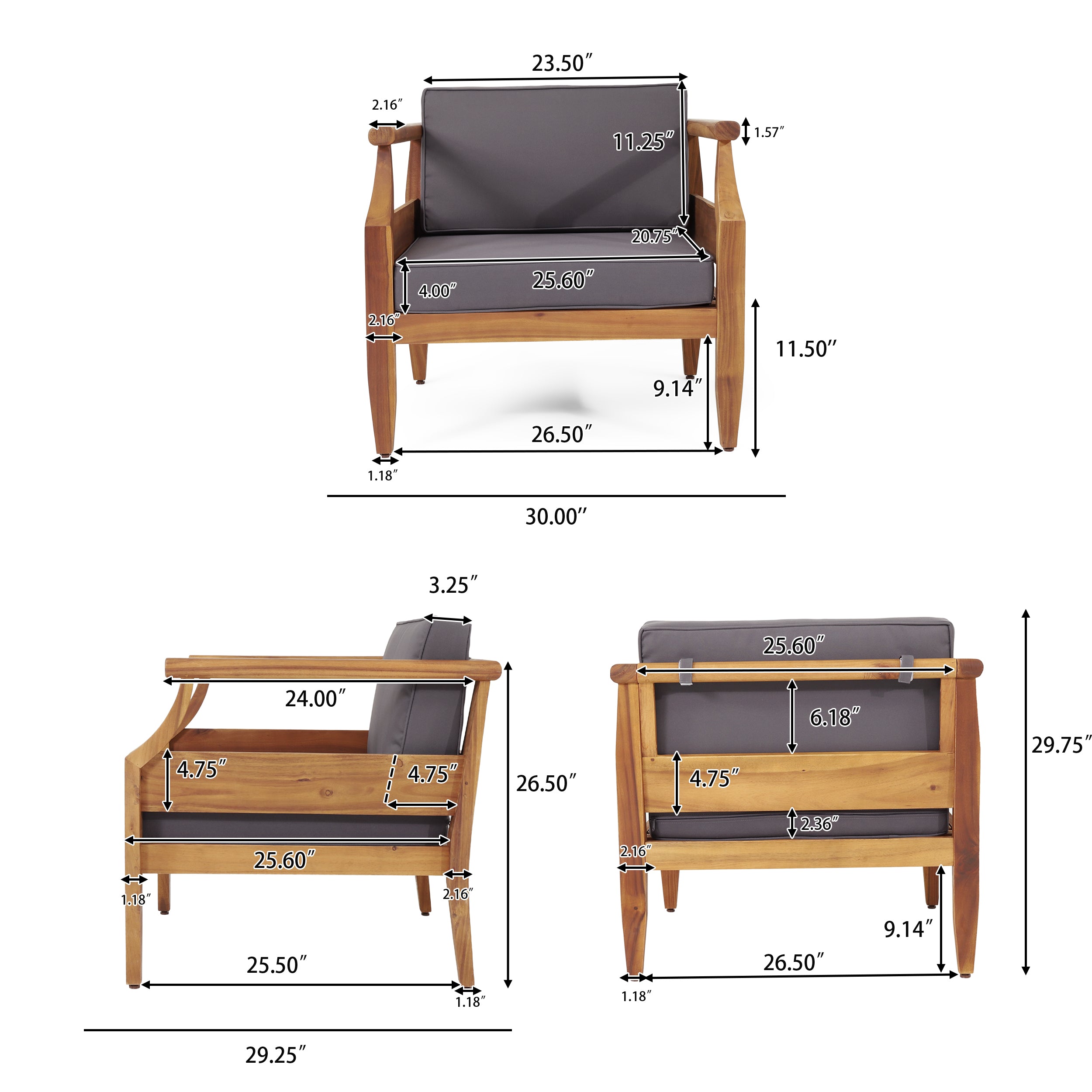 Bianca Outdoor Mid-Century Modern Acacia Wood 5 Seater Sectional Chat Set with Club Chair, Teak and Dark Gray