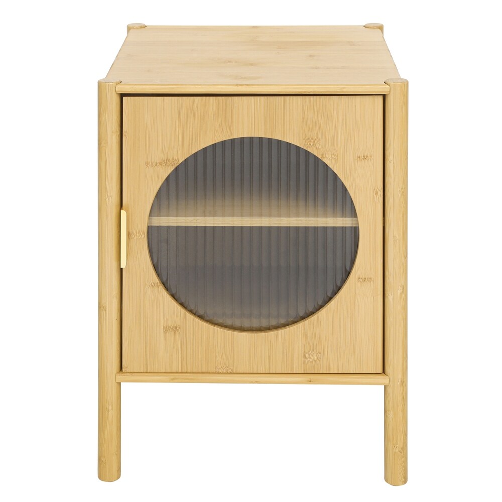 1 Door Nightstand  Bamboo Bedside Table Accent End Table with Fluted Glass Trim and Adjustable Laminate for Living Room