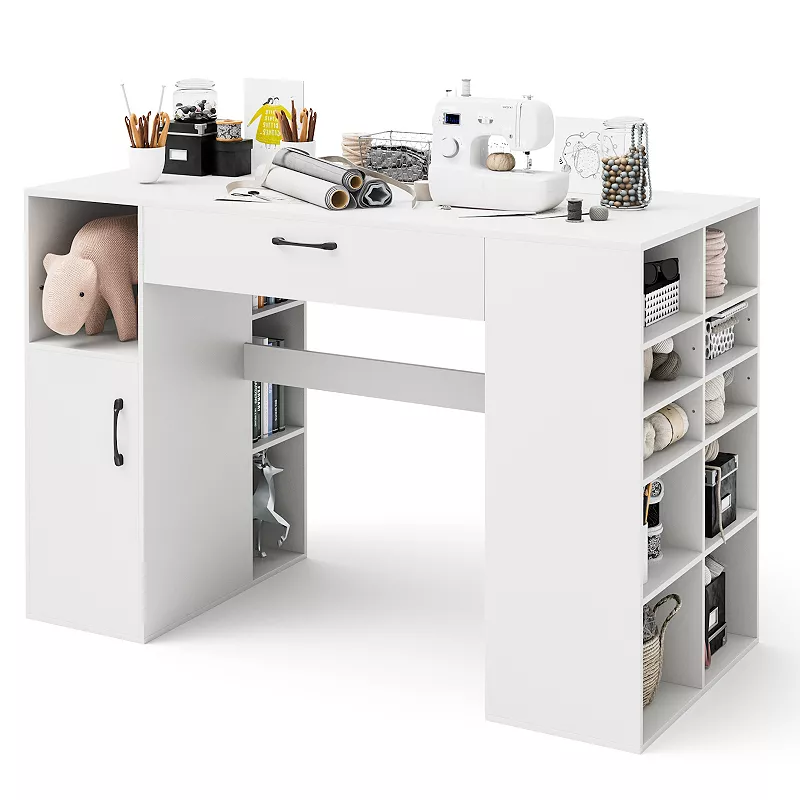 Counter Height Sewing Craft Table Computer Desk With Adjustable Shelves And Drawer-white