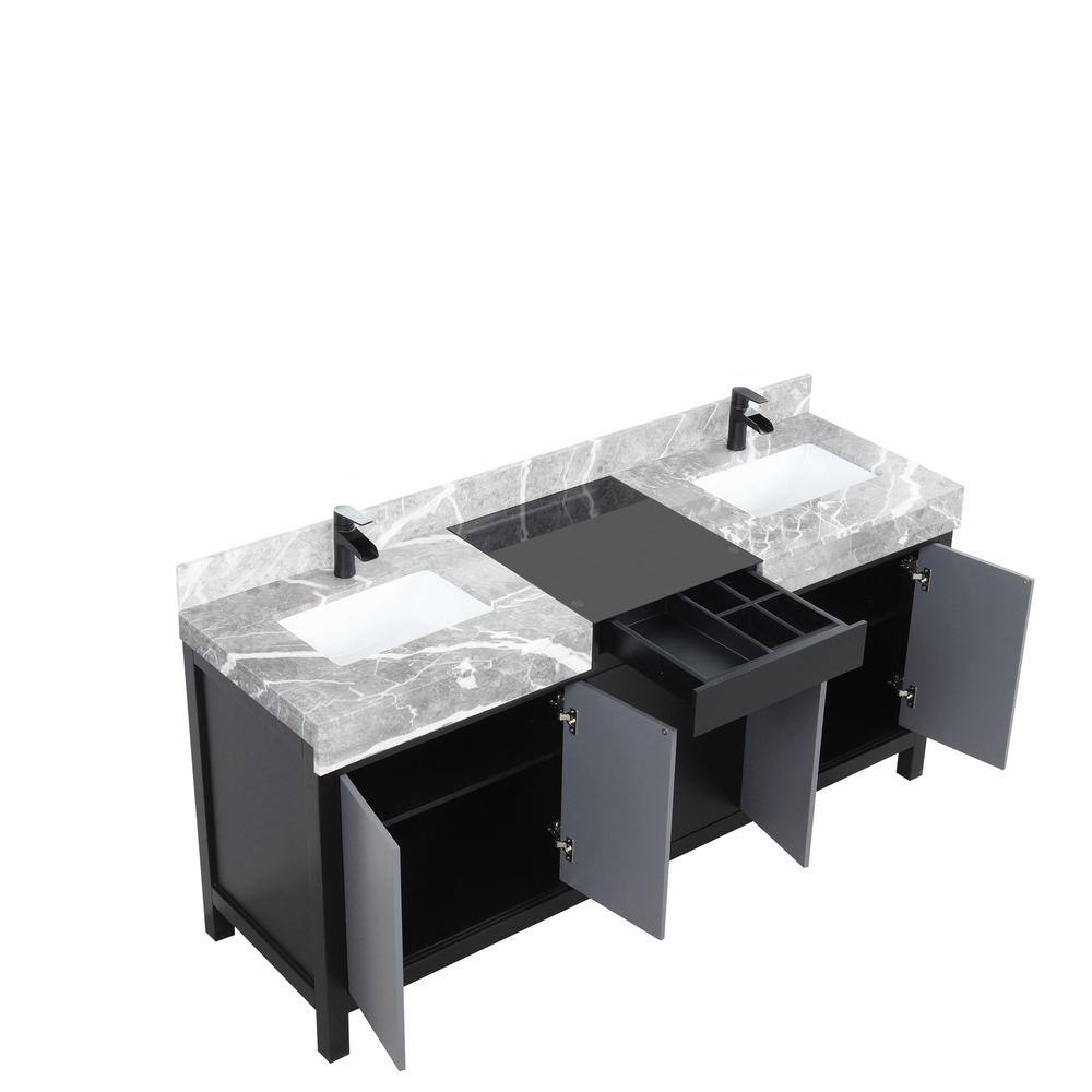 Lexora Zilara 72 in W x 22 in D Black and Grey Double Bath Vanity Castle Grey Marble Top and Matte Black Faucet Set LZ342272DLISFCM