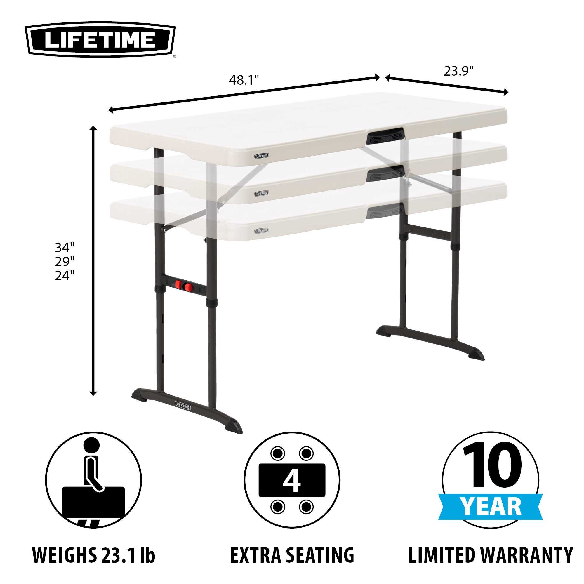 Lifetime Products 4 ft. Commercial Adjustable Folding Table， White