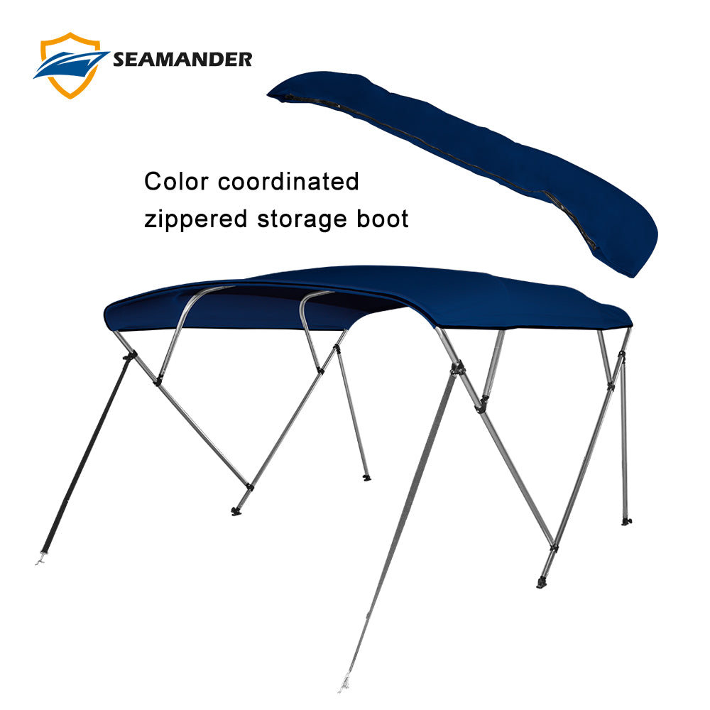 Seamander 4 Bow Bimini Top Boat Cover with Rear Support Pole and Storage Boot， Navy Blue