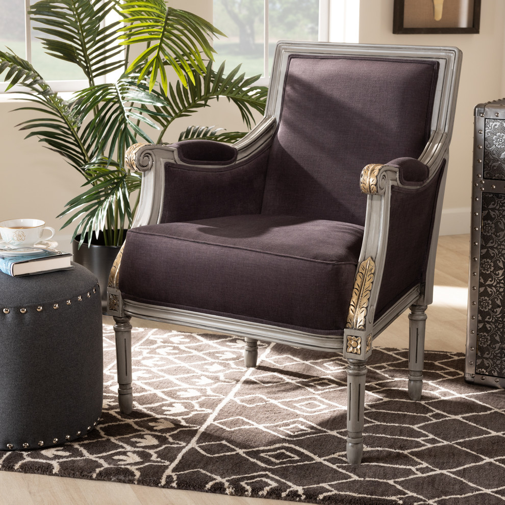 Llorr French Brown Velvet Upholstered Armchair With Goldleaf  Brown/Gray/Gold   Traditional   Armchairs And Accent Chairs   by Baxton Studio  Houzz