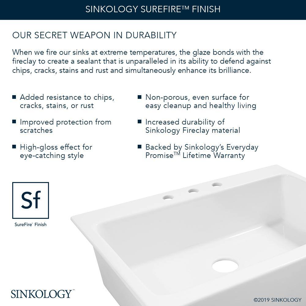 SINKOLOGY Josephine 34 in. 1-Hole Quick-Fit Drop-In Farmhouse Single Bowl Crisp White Fireclay Kitchen Sink SK450-34FC-1