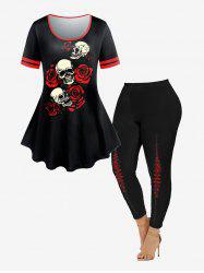 Rose Skull Print Ringer Tee and Plaid High Waisted Leggings Plus Size Outfit